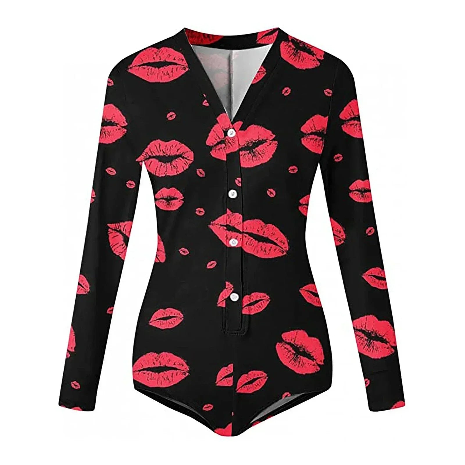 Combinaison moulante pour femme à manches longues, col en V, imprimé cœurs et lèvres, boutonnée, courte, vêtement de nuit d'intérieur pour la Saint-Valentin