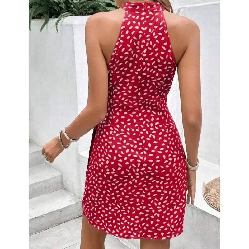 Robe courte plissée florale sans manches à fermeture éclair et col suspendu pour femmes, sexy et décontractée, mini-robe à lacets, Vestidos