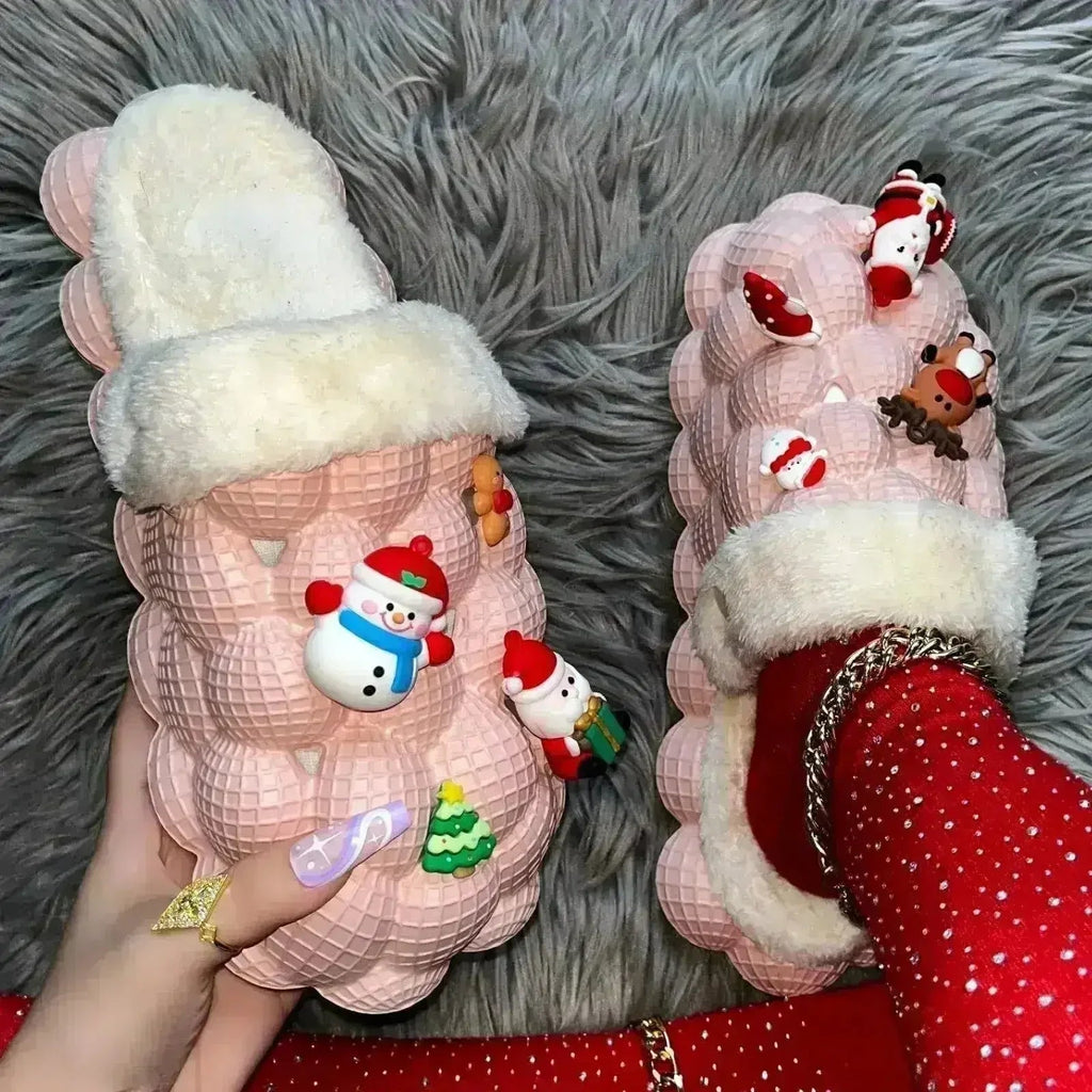 Pantoufles de maison roses en fourrure pour Noël, drôles, à bulles, à faire soi-même