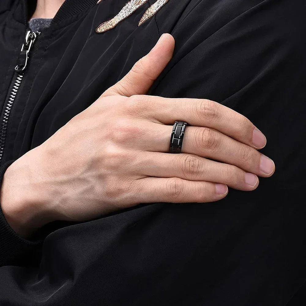Bague Homme 8MM Acier Inoxydable Couleur Noire Brossée Double Rainure Bague de Mariage pour Hommes Bijoux de Fête pour Femmes Cadeau
