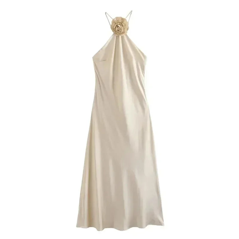 FEMME Robe Fleurie Dos Nu Femme Épaule Dénudée Satin Longue Robe Femmes Dos Nu Sexy Robes de Soirée Robes d'Été pour Femmes