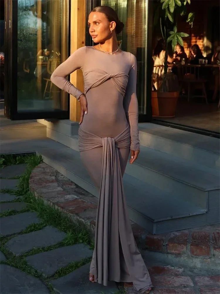 Robe longue plissée sexy pour femme Tossy, patchwork torsadé, coupe ajustée, manches longues, couleur unie, style Y2K, streetwear d'automne, robe moulante pour femme.