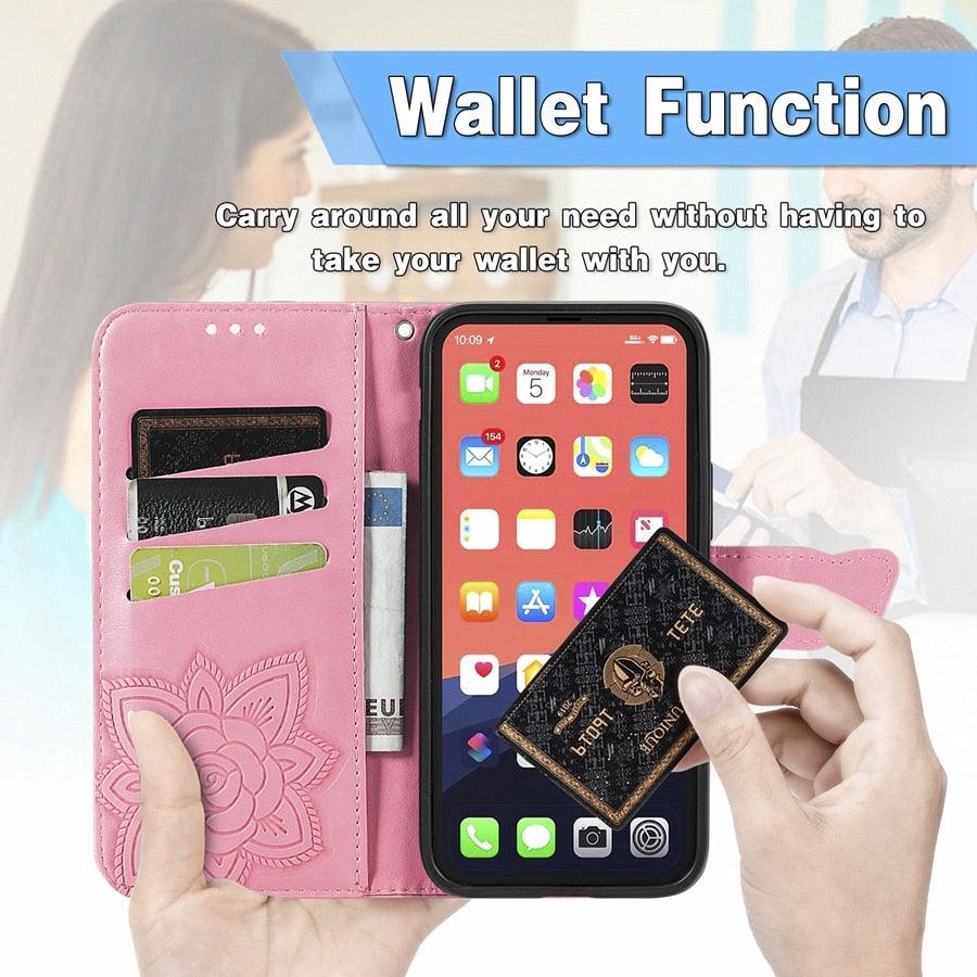 Étui Portefeuille de Luxe Rose Papillon Fleur pour iPhone 14 Pro Max 13 12 Classique Simple Cuir avec Porte-Cartes Béquille Dragonne Rabat pour iPhone