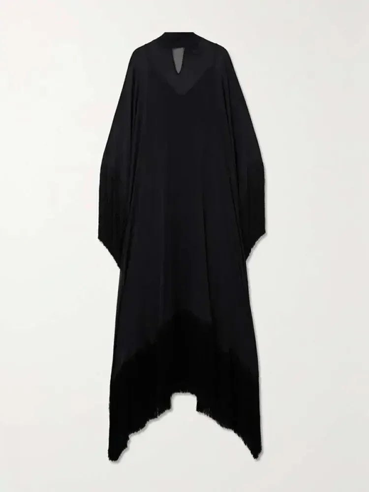 Yeezzi 2025 Nouvelle Mode Printemps Robes de Soirée Transparentes à Franges Femme Manches Chauve-Souris Couleur Unie Col Montant Ensemble Deux Pièces Robe