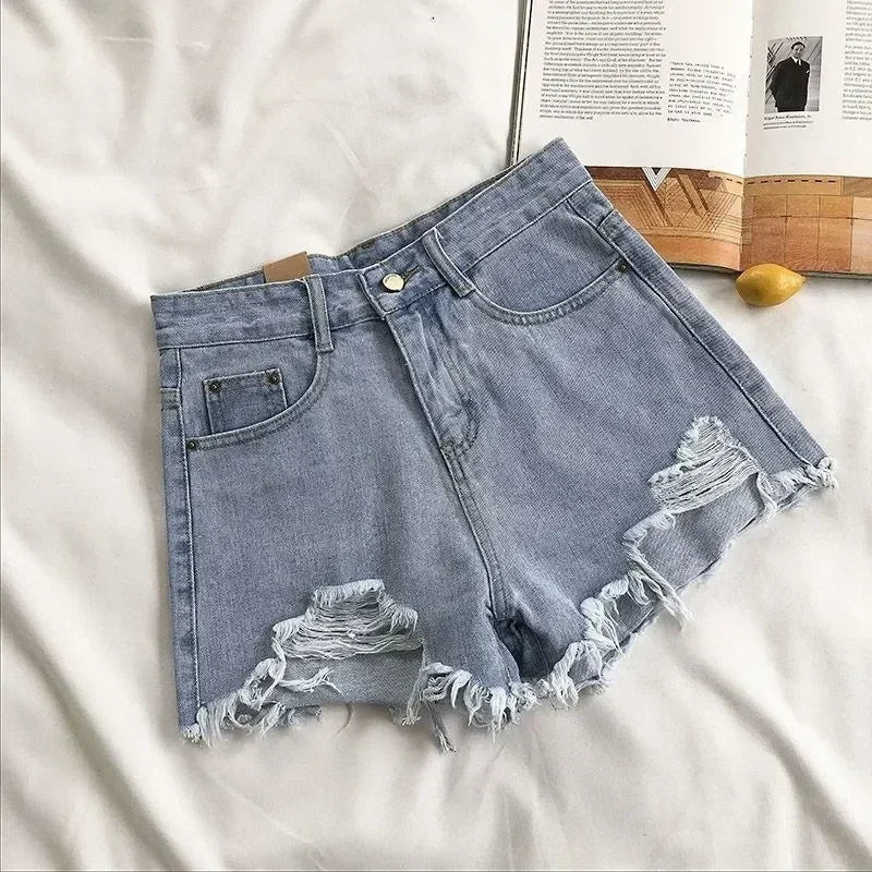 Shorts en jean coréens pour femmes, mode d'été, décontracté, taille haute, déchiré, poches, pompons, style Y2K, pantalon court, streetwear, bleu