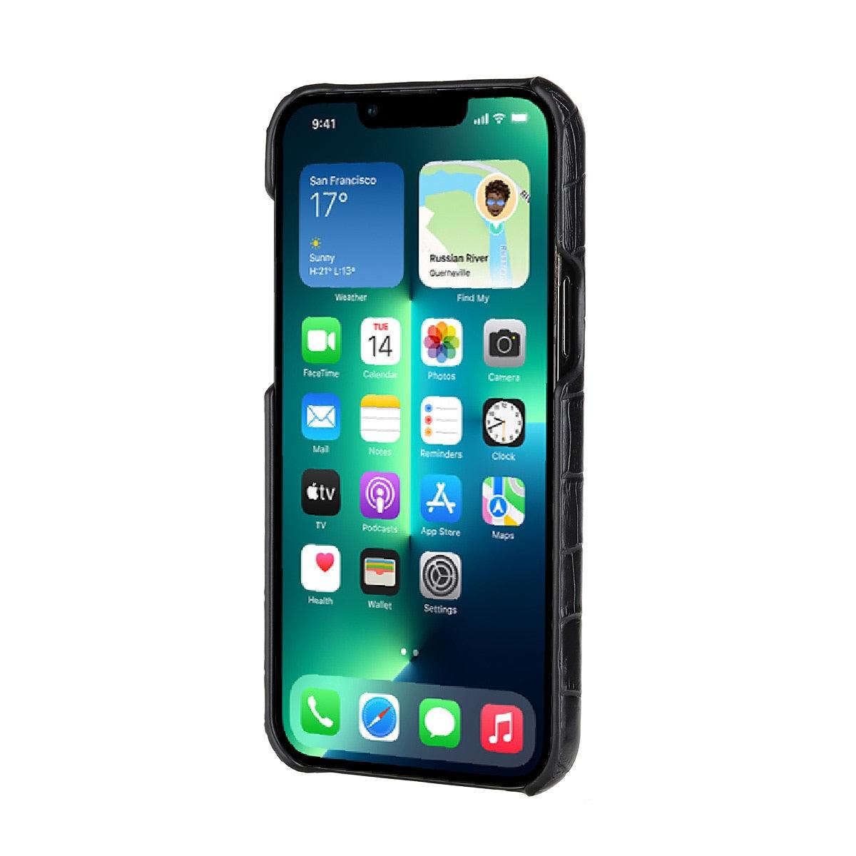 Étui en Cuir Unique pour iPhone 13 14 11 12 Pro Max XR X XS, Housse Rigide Antichoc Solide, Étui en Cuir Vert Classique et Tendance pour iPhone, Coque de Protection