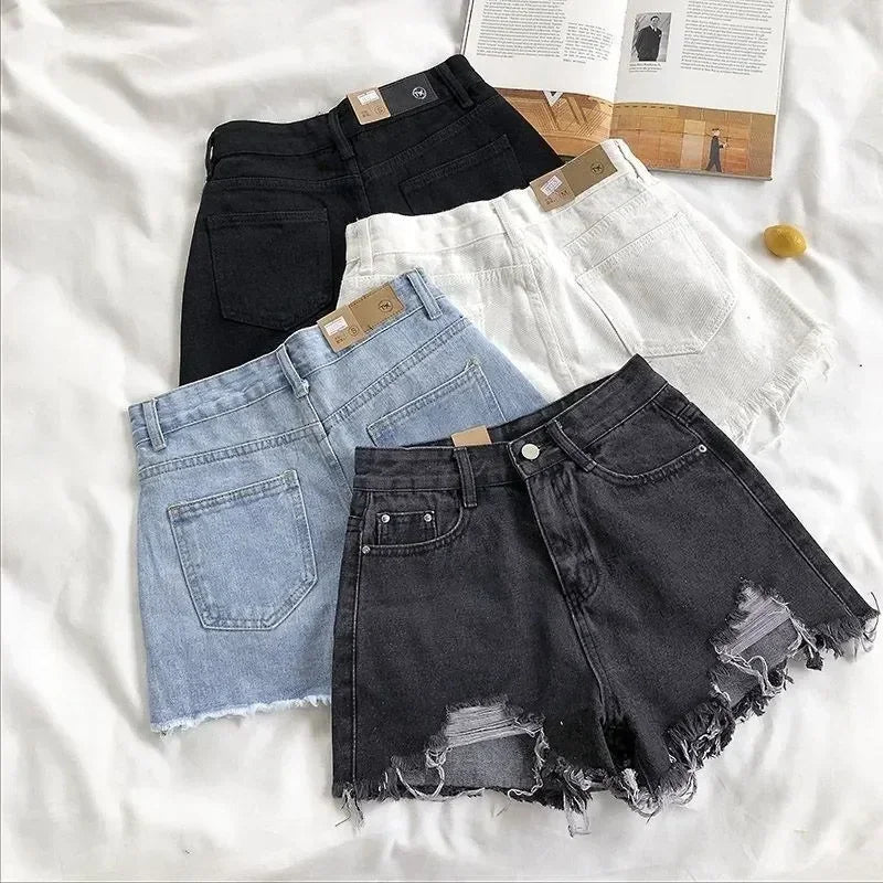 Shorts en jean coréens pour femmes, mode d'été, décontracté, taille haute, déchiré, poches, pompons, style Y2K, pantalon court, streetwear, bleu