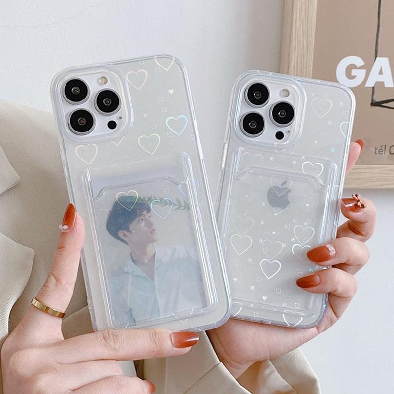 Coques de téléphone transparentes avec motif cœur mignon pour iPhone 13 14 Pro Max Simple Luxueux Amour Dégradé Silicone Étui Portefeuille Porte-Cartes Housse de protection antichoc