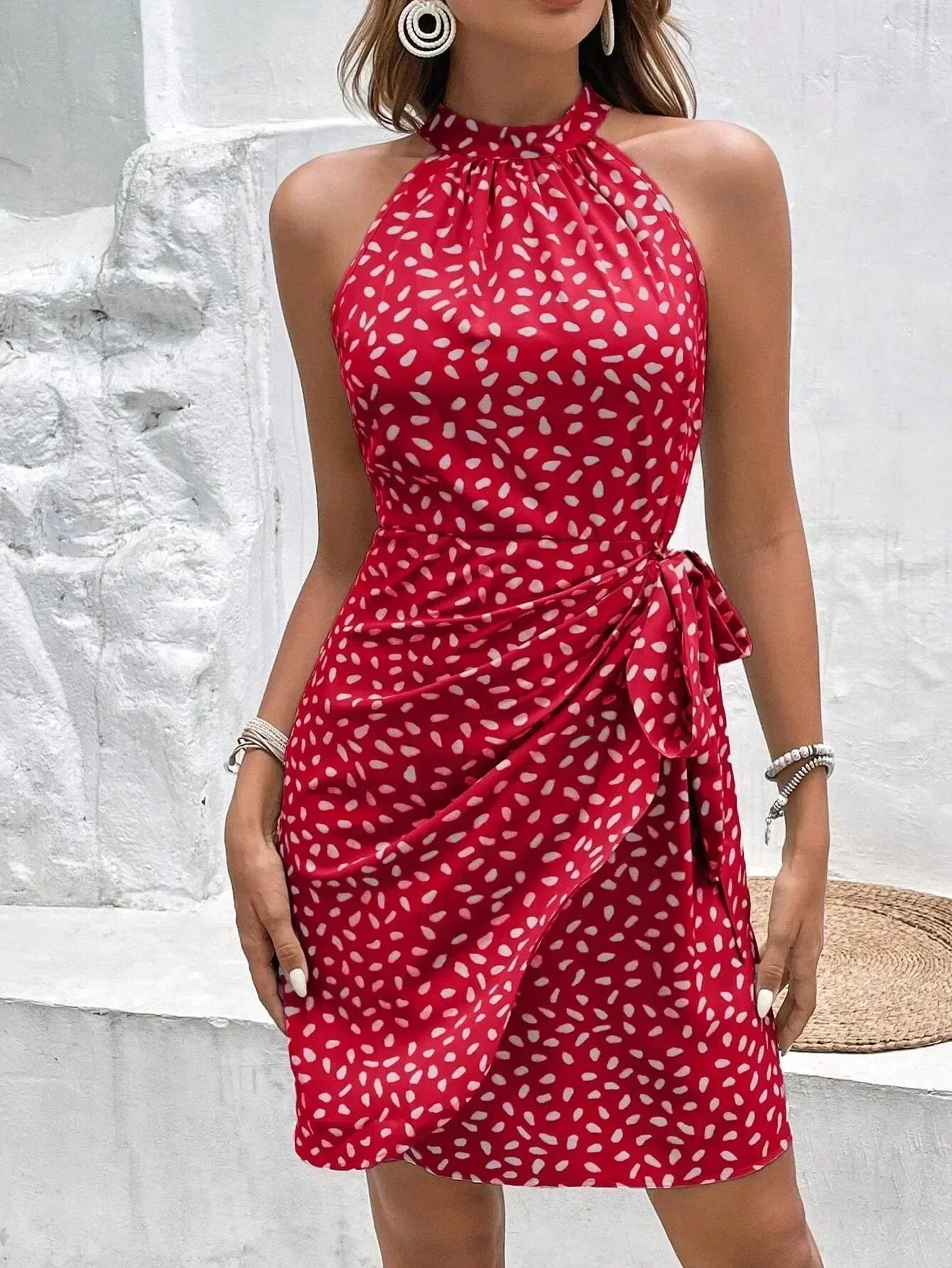 Robe courte plissée florale sans manches à fermeture éclair et col suspendu pour femmes, sexy et décontractée, mini-robe à lacets, Vestidos