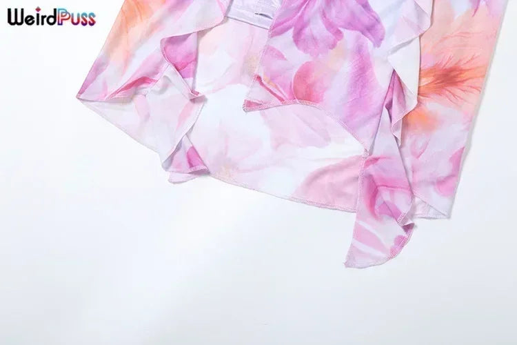 Robe Femme Weird Puss à Imprimé Floral Été Sans Bretelles Fentes Irrégulières Pompons Patchwork Dos Nu Bandage Fête Moulante Vestidos