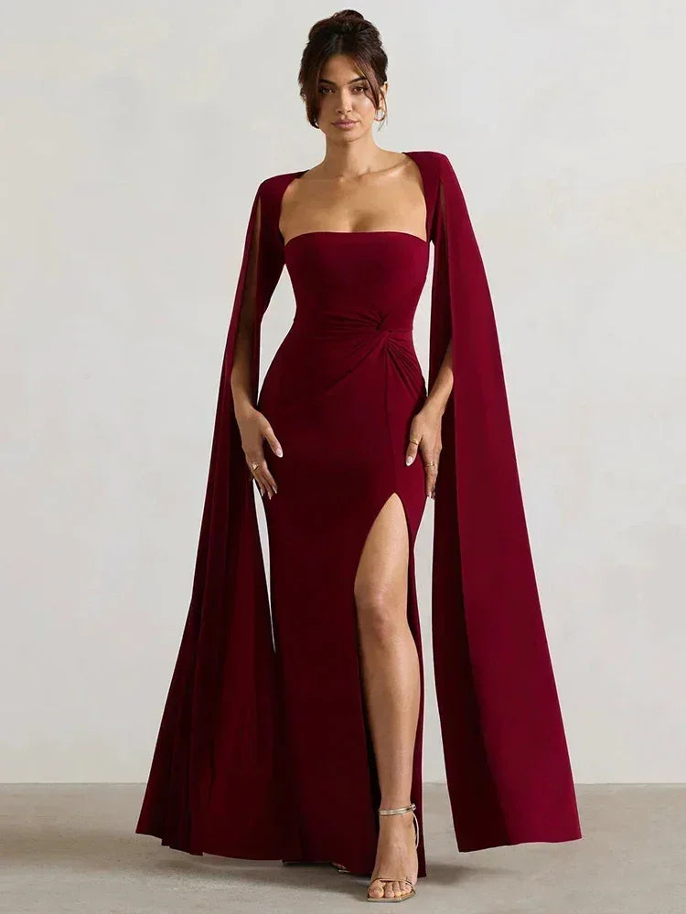 Mozision Robe longue fendue à manches cape pour femme, élégante robe de soirée longue à col carré, couleur unie, nouvelle collection