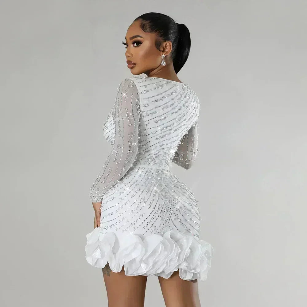 Robes de soirée 2025 Perles Diamants Manches Longues Volants pour femmes Robe de bal brillante élégante pour invitée de mariage Occasion Célébration Anniversaire