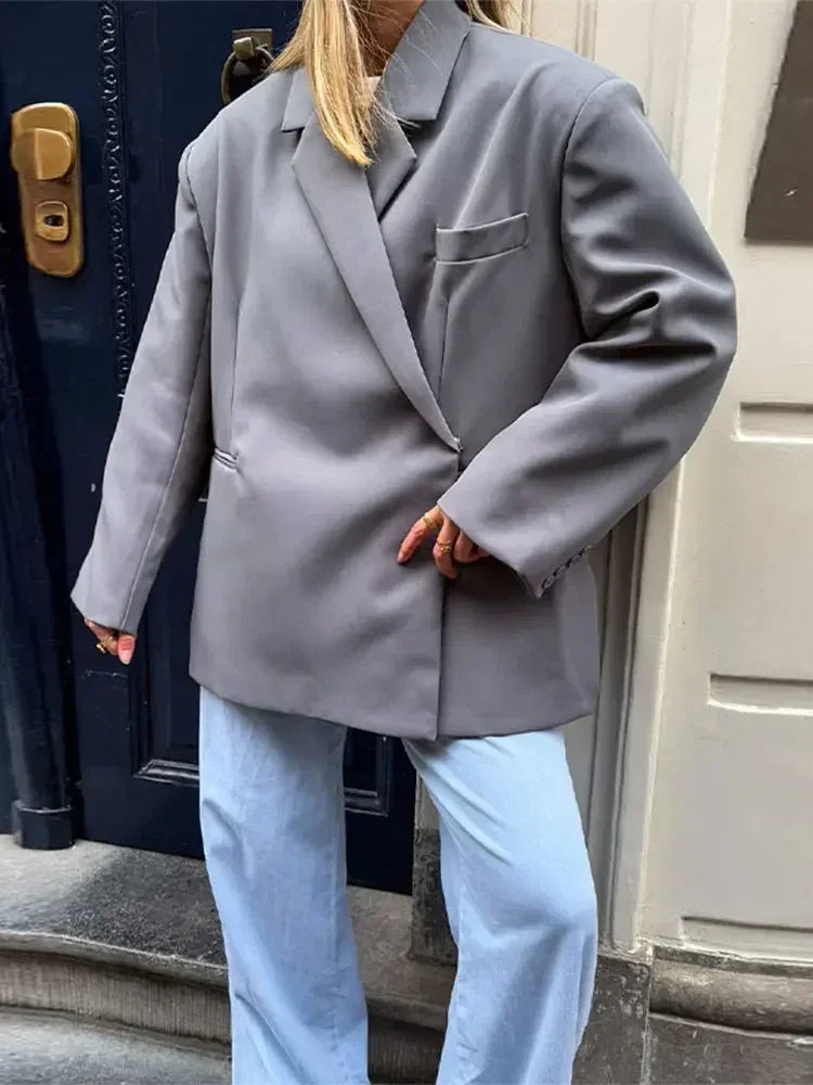 Veste de costume col V boutonnée sur le côté pour femme Manches longues couleur unie Manteaux Poignets poches Hauts oversize Vêtements féminins style urbain