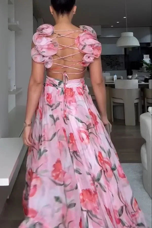 Robe longue en mousseline de soie imprimée sexy 2025, mode estivale, élégante, col en V, volants, coupe ajustée, sans manches, dos nu, robes de soirée pour les vacances
