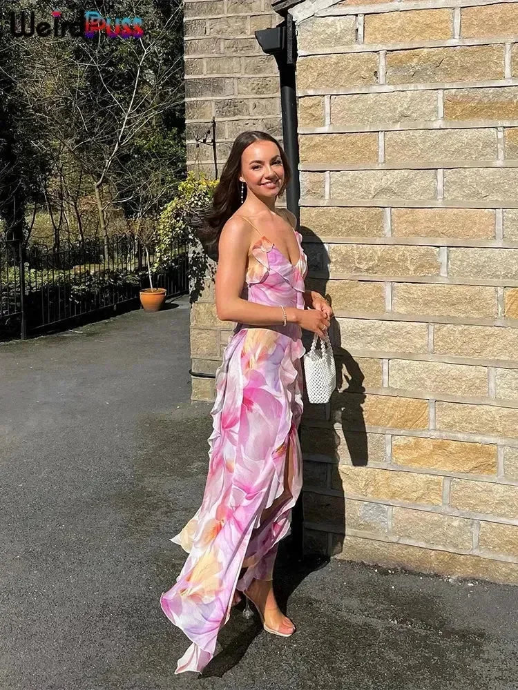 Robe Femme Weird Puss à Imprimé Floral Été Sans Bretelles Fentes Irrégulières Pompons Patchwork Dos Nu Bandage Fête Moulante Vestidos