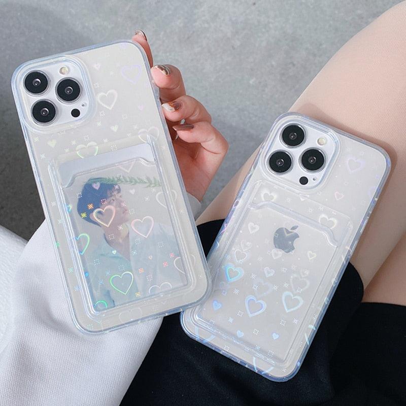 Coques de téléphone transparentes avec motif cœur mignon pour iPhone 13 14 Pro Max Simple Luxueux Amour Dégradé Silicone Étui Portefeuille Porte-Cartes Housse de protection antichoc