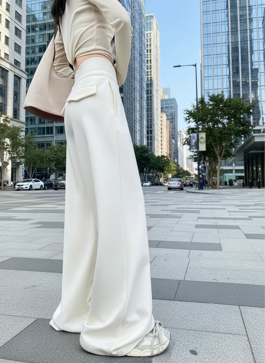 Pantalon droit ample taille haute gris pour femme