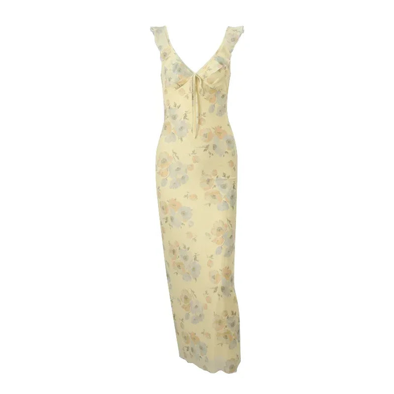 Robe longue jaune fleurie | Robe de soirée d'été rétro col en V -femstylo