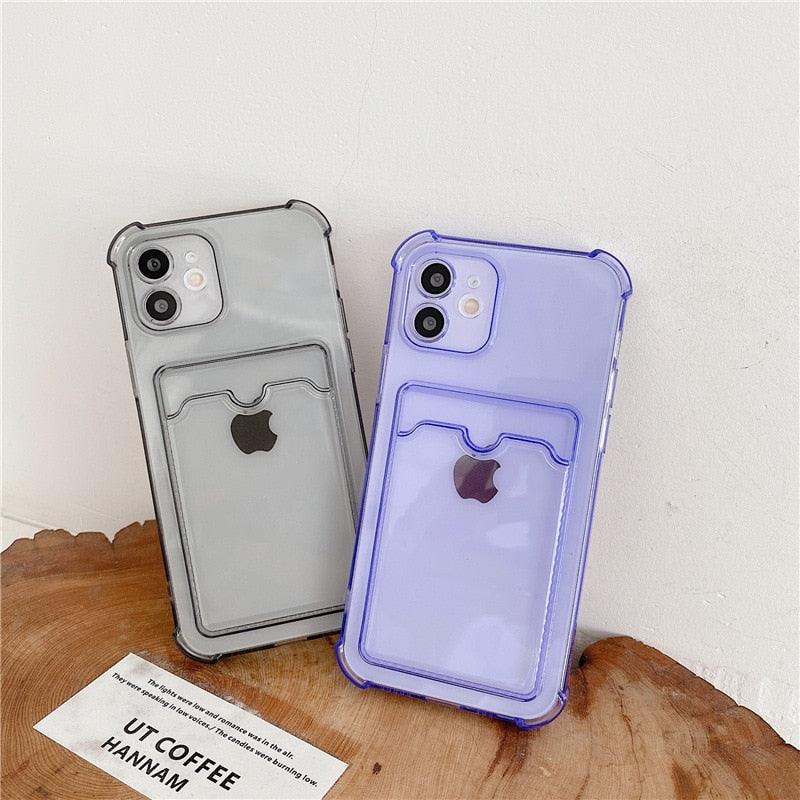 Étui transparent porte-cartes pour iPhone 13 11 12 14 Pro Max Mini Coque souple antichoc transparente avec porte-cartes Étui de téléphone transparent avec porte-cartes Coque fine de protection souple antichoc avec porte-cartes