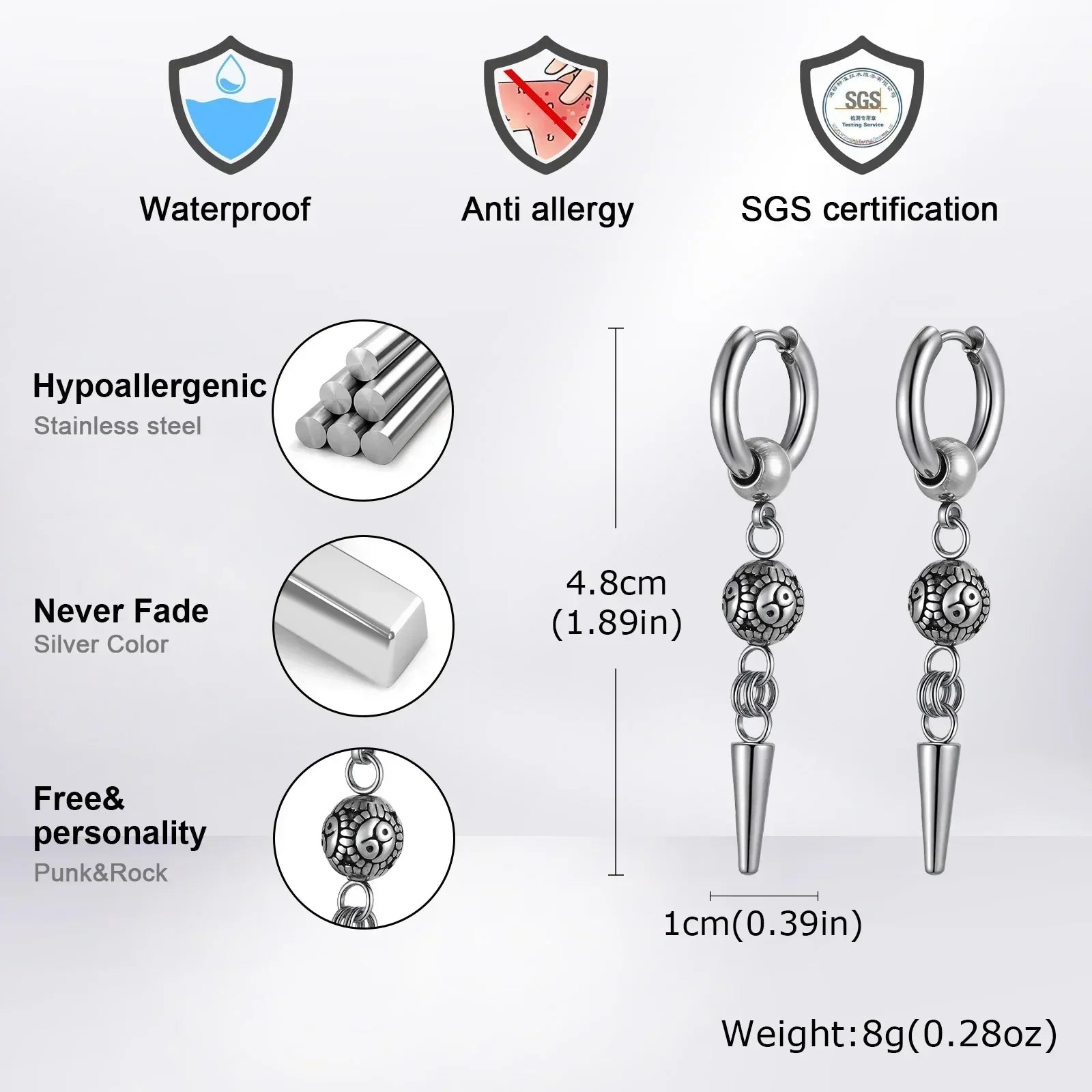 Boucles d'oreilles Huggies Punk pour homme, boucles d'oreilles pendantes vintage en acier inoxydable avec longue chaîne, cadeau élégant boucles d'oreilles croix