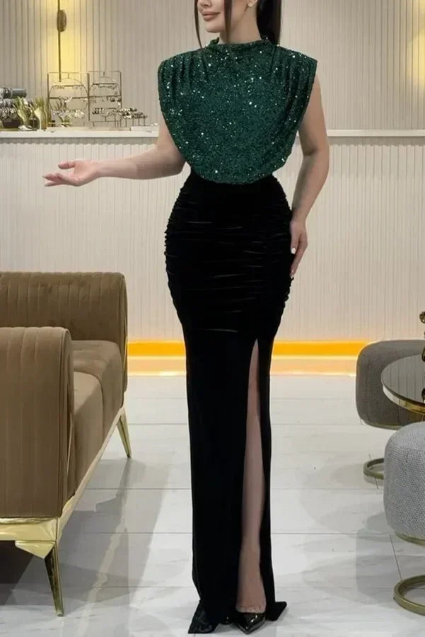 Robe longue élégante à taille haute, robe de soirée décontractée à col rond sans manches pour femme, drapée fendue, épissure à sequins, nouvelle collection 2025