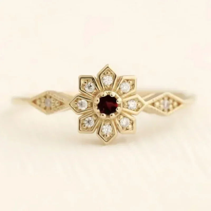 Bagues de luxe pour femmes Couleur or Fleur ronde Bagues en pierre rouge et blanche Accessoires de fête Cadeau