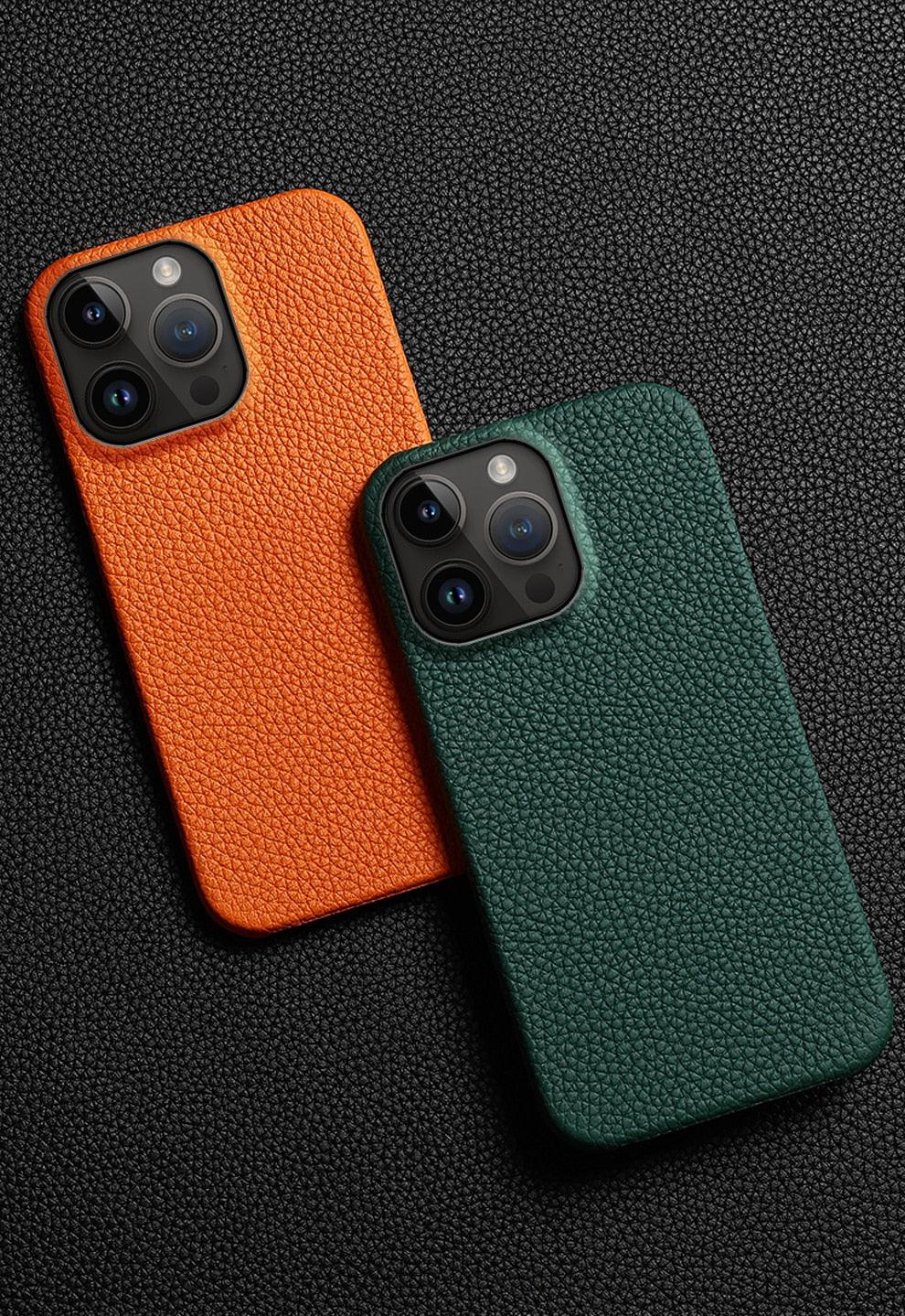 Étui de téléphone en cuir véritable pour iPhone 13 14 Pro Max 12 Mini 12 Pro Max Coque arrière Coque de téléphone en silicone orange fluo Compatible avec le chargement sans fil Coque de protection antichoc pour iPhone