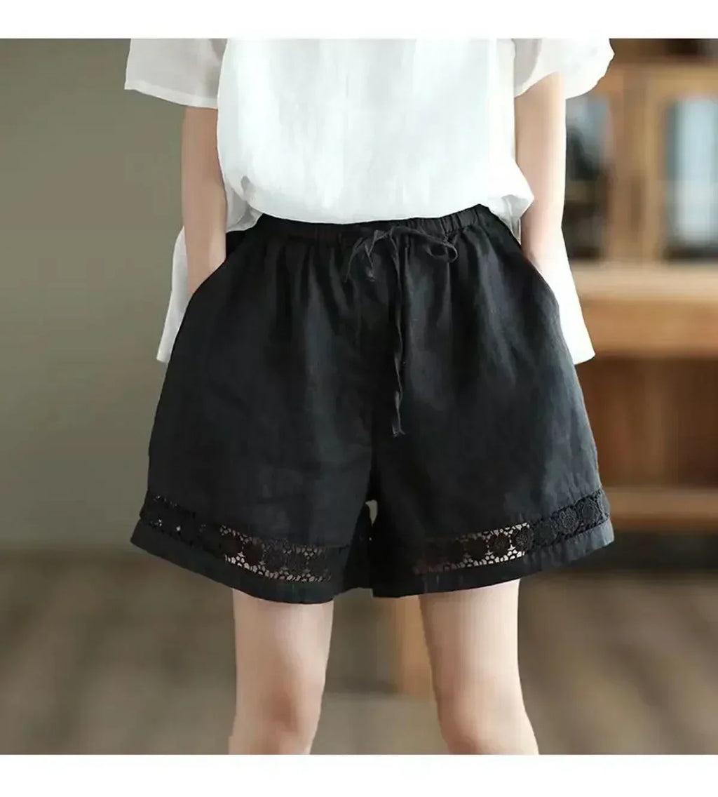 Short en coton et lin vintage taille haute élastique avec ceinture à nouer, brodé ajouré et coupe droite décontractée