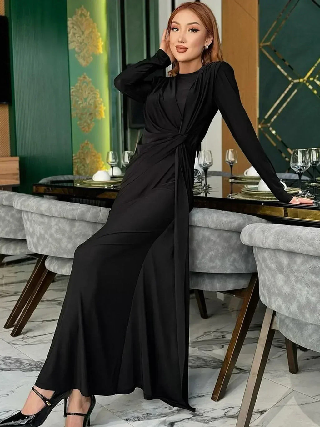 Robe longue Dulzura à manches longues et épaulettes, froncée, unie, élégante, pour bal de promo ou soirée, tenue d'automne et d'hiver pour femme