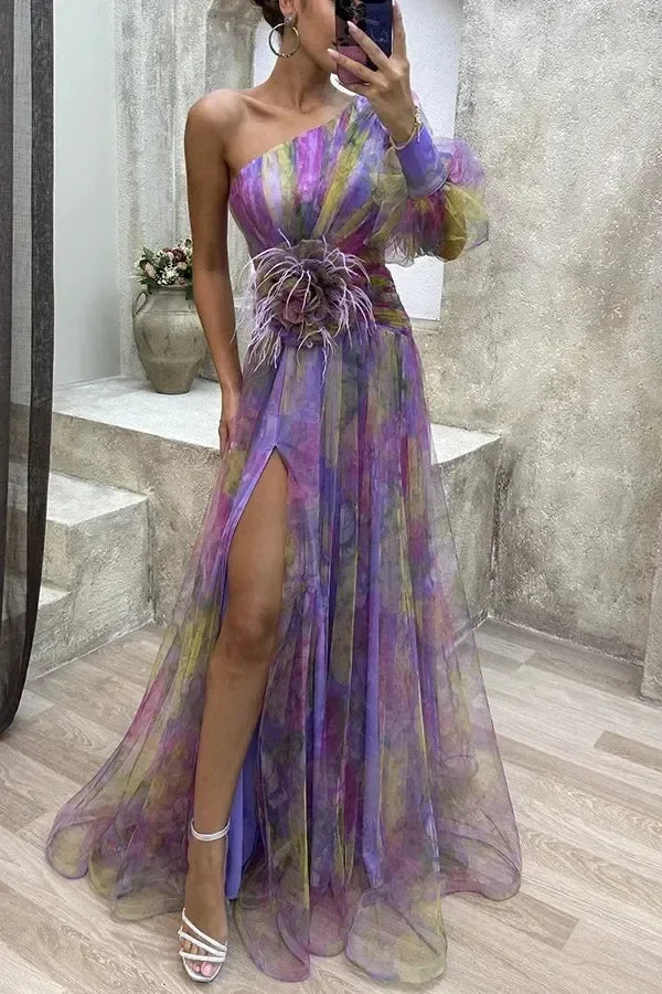 Robe longue en maille fendue haute à glissière asymétrique à épaule dénudée pour femme, robe de soirée à fleurs décoratives