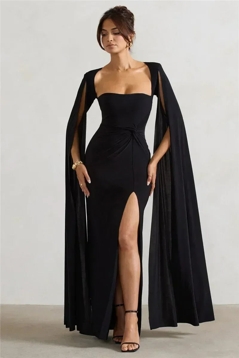 Mozision Robe longue fendue à manches cape pour femme, élégante robe de soirée longue à col carré, couleur unie, nouvelle collection