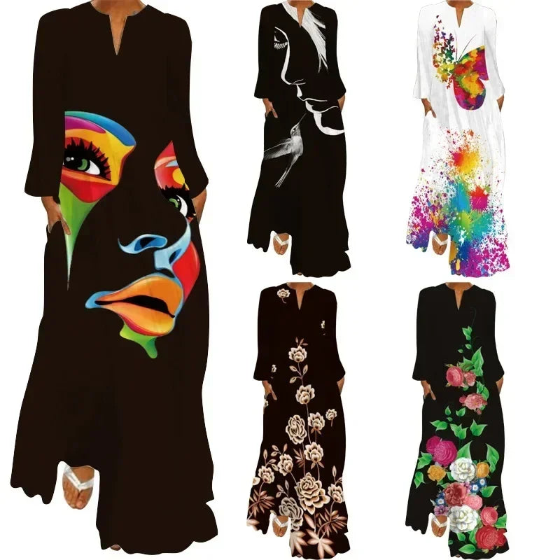 Robe longue maxi imprimée rétro mode Y2K à manches longues, ample, S-5XL