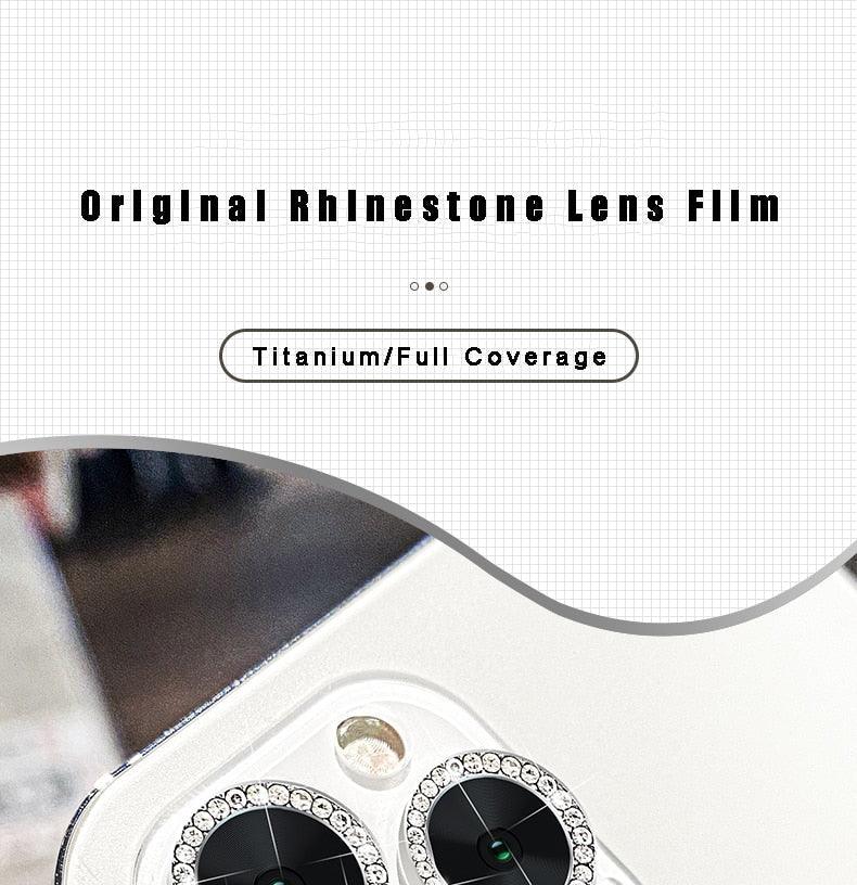 Verre trempé avec anneau métallique, strass et paillettes pour appareil photo iPhone 11 12 13 14 Pro Max Mini Plus, protection d'objectif à couverture complète 9H, protection d'objectif en verre trempé avec anneau métallique unique à couverture complète