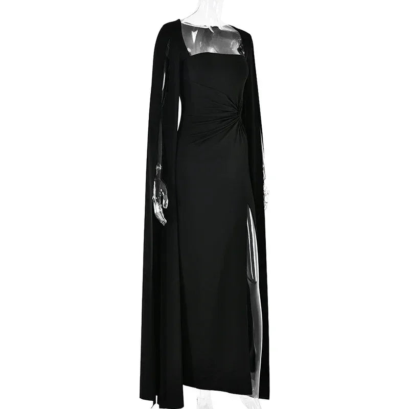 Mozision Robe longue fendue à manches cape pour femme, élégante robe de soirée longue à col carré, couleur unie, nouvelle collection