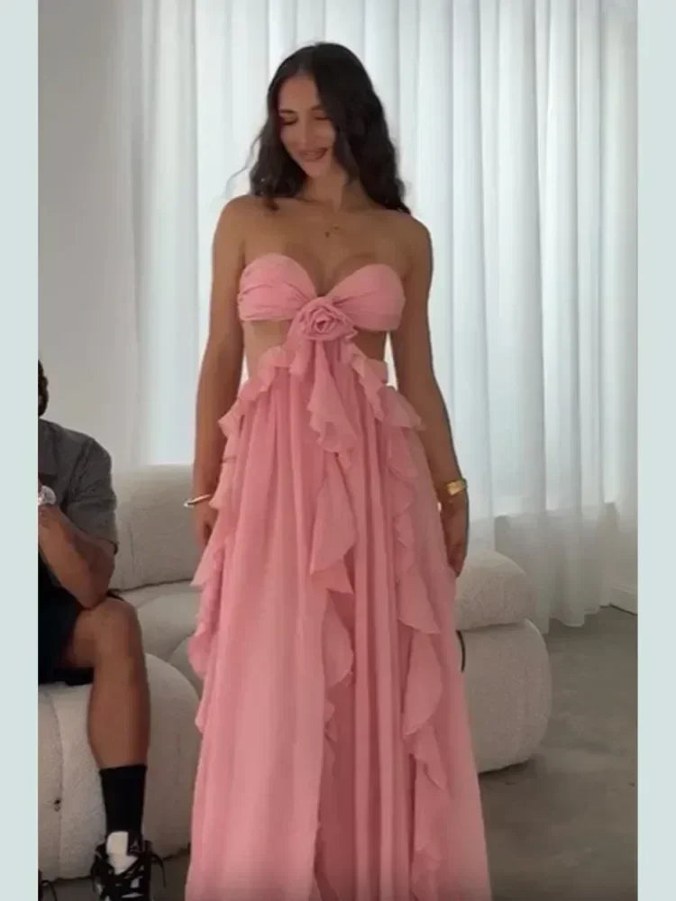 Robe longue chic printemps femme ajourée fleur 3D ourlet à volants élégante épaule dénudée dos nu Robe de soirée Street Party 2025 Nouvelle collection