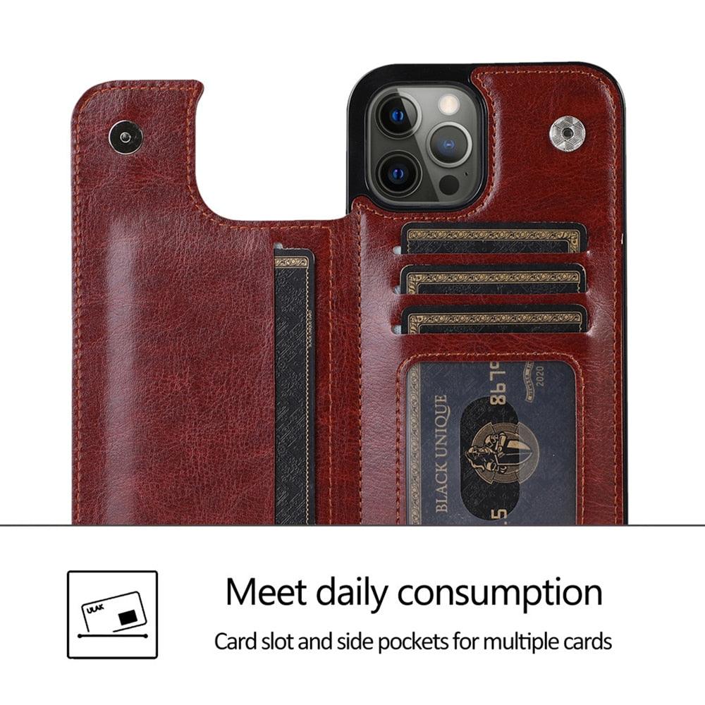 Étui en cuir de luxe pour iPhone 14 12 13 Mini 11 Pro XR XS Max 6 6s 7 8 Plus 5 5s, portefeuille, fente pour cartes de téléphone, étui à rabat en cuir PU avec béquille, fentes pour cartes, double fermoir magnétique, étui antichoc durable pour iPhone