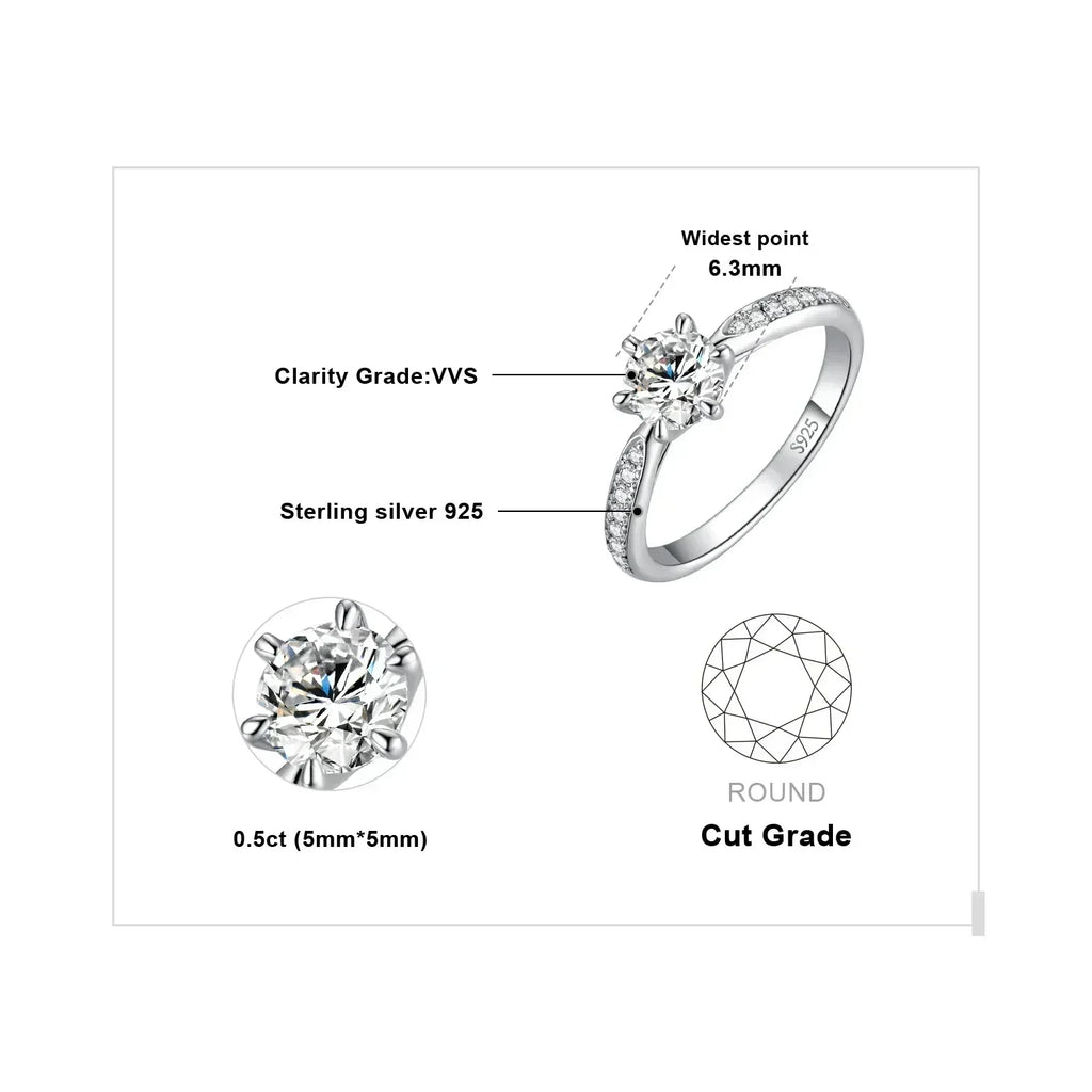 JewelryPalace Bague de fiançailles en argent sterling S925, couleur D, moissanite ronde de 0,5 carat, 1 carat, 1,5 carat, 2 carats, 3 carats pour femme