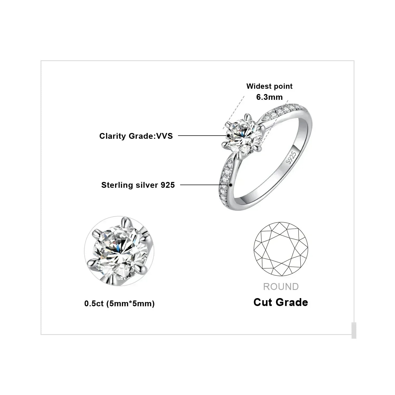 JewelryPalace Bague de fiançailles en argent sterling S925, couleur D, moissanite ronde de 0,5 carat, 1 carat, 1,5 carat, 2 carats, 3 carats pour femme