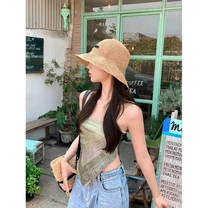 Chapeau de soleil en paille pour femmes 2025, grand bord large, pliable, pour la plage, style créateur, seau coréen pour l'extérieur