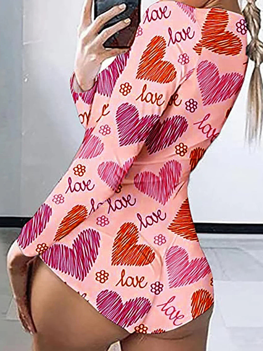 Combinaison moulante pour femme à manches longues, col en V, imprimé cœurs et lèvres, boutonnée, courte, vêtement de nuit d'intérieur pour la Saint-Valentin