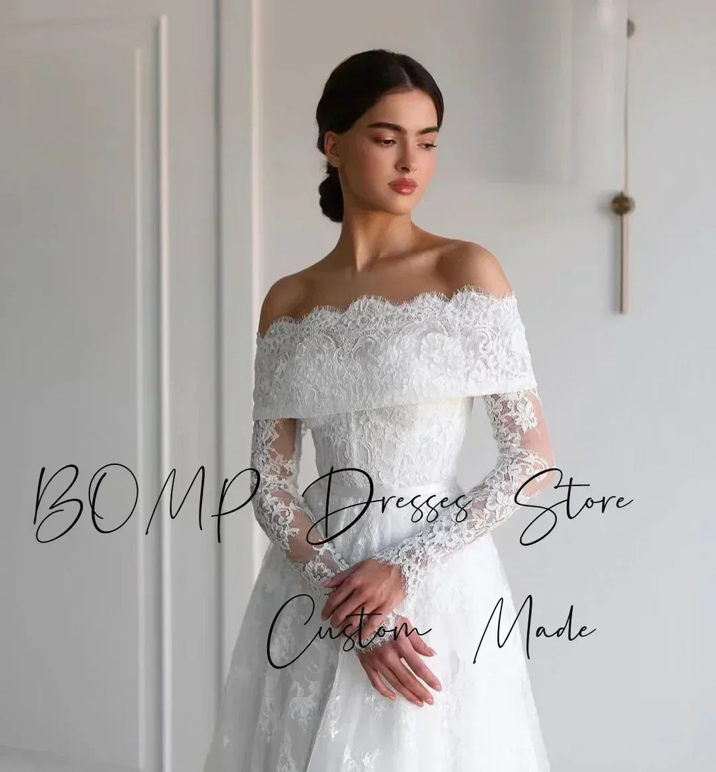 BOMP Robe de mariée élégante en dentelle Cœur Épaules dénudées Manches longues Traîne Ivoire Robe de mariée personnalisée Robe De Mariée