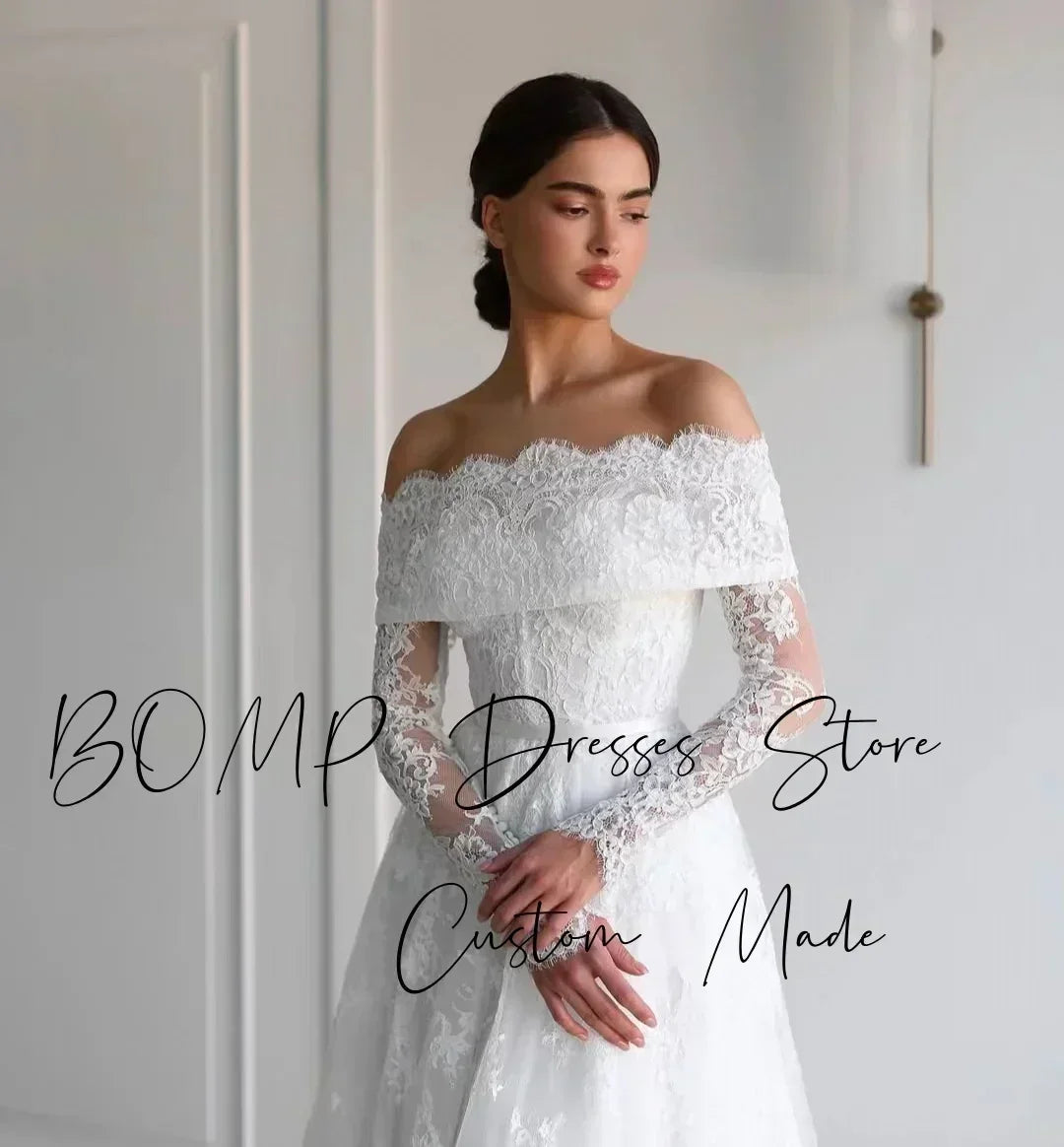 BOMP Robe de mariée élégante en dentelle Cœur Épaules dénudées Manches longues Traîne Ivoire Robe de mariée personnalisée Robe De Mariée