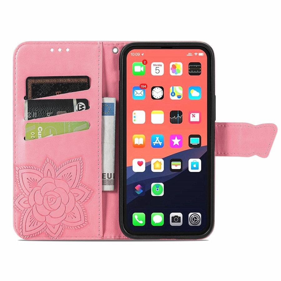 Étui Portefeuille de Luxe Rose Papillon Fleur pour iPhone 14 Pro Max 13 12 Classique Simple Cuir avec Porte-Cartes Béquille Dragonne Rabat pour iPhone