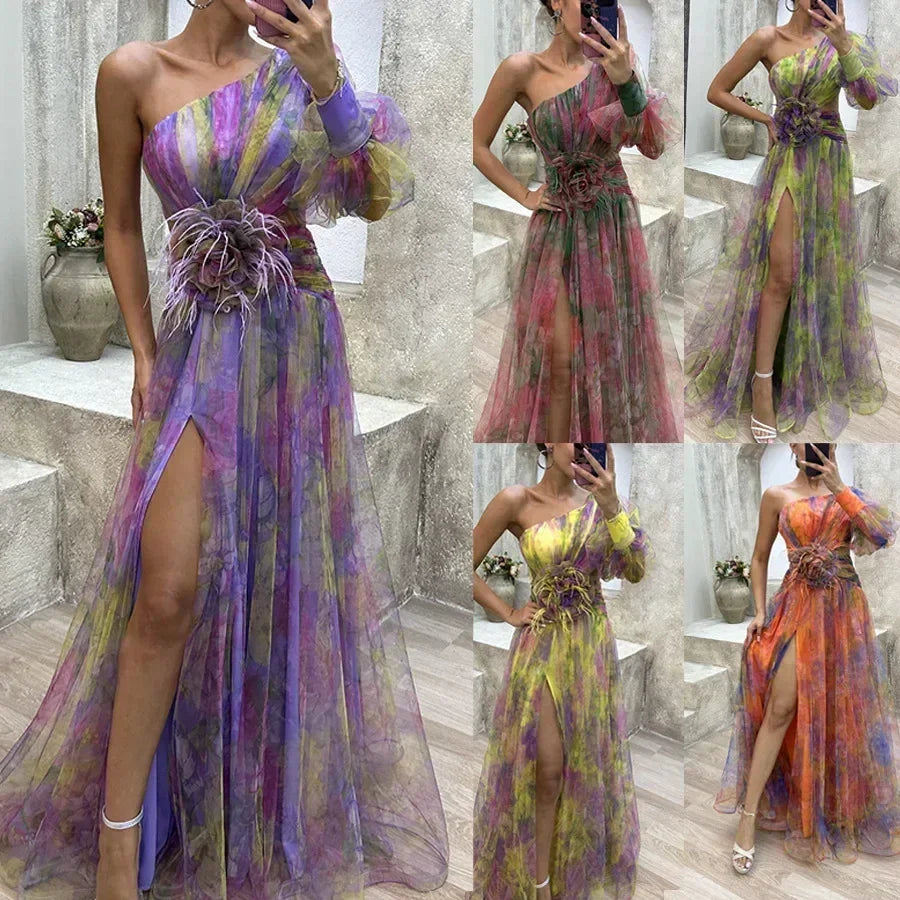 Robe longue en maille fendue haute à glissière asymétrique à épaule dénudée pour femme, robe de soirée à fleurs décoratives