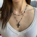 Collier ras du cou Femme Été Noir Strass Croix Jésus Pendentif Punk Vintage Double Couches Chaîne 2024 Collier Bohème Bijoux