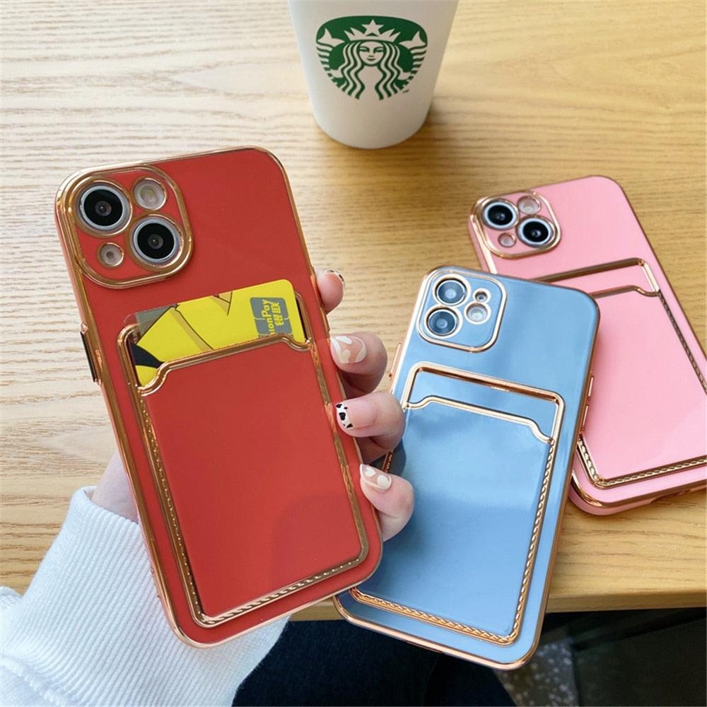 Étui de luxe plaqué en silicone avec porte-cartes pour iPhone 14 12 13 Pro Max Élégant pour femme Étui portefeuille souple antichoc Bords souples Magnifique étui pour smartphone brillant pour femme
