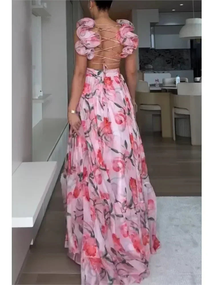 Robe longue en mousseline de soie imprimée sexy 2025, mode estivale, élégante, col en V, volants, coupe ajustée, sans manches, dos nu, robes de soirée pour les vacances