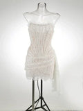 TARUXY Robe Corset Sexy en Dentelle Transparente et Patchwork, Robe Moulante Élégante de Soirée, Mini Robe Irrégulière pour Femme, Robe Bustier Nouvelle Collection