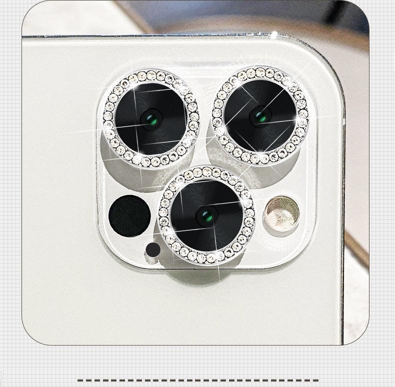 Verre trempé avec anneau métallique, strass et paillettes pour appareil photo iPhone 11 12 13 14 Pro Max Mini Plus, protection d'objectif à couverture complète 9H, protection d'objectif en verre trempé avec anneau métallique unique à couverture complète