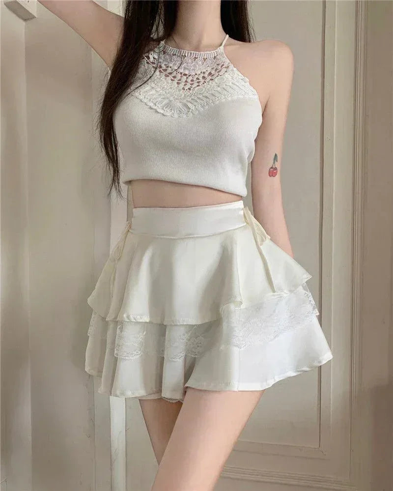 Mini-jupe Y2K Unie pour Femme, Taille Haute, Dentelle Patchwork, Robe de Bal, Mode, Volants, Jupe Féminine, Tout-assortie, Été